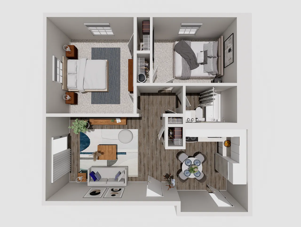 Modern 2-bedroom apartment floor plan with open living area, stylish kitchen, and cozy dining space. Perfect blend of comfort and elegance.