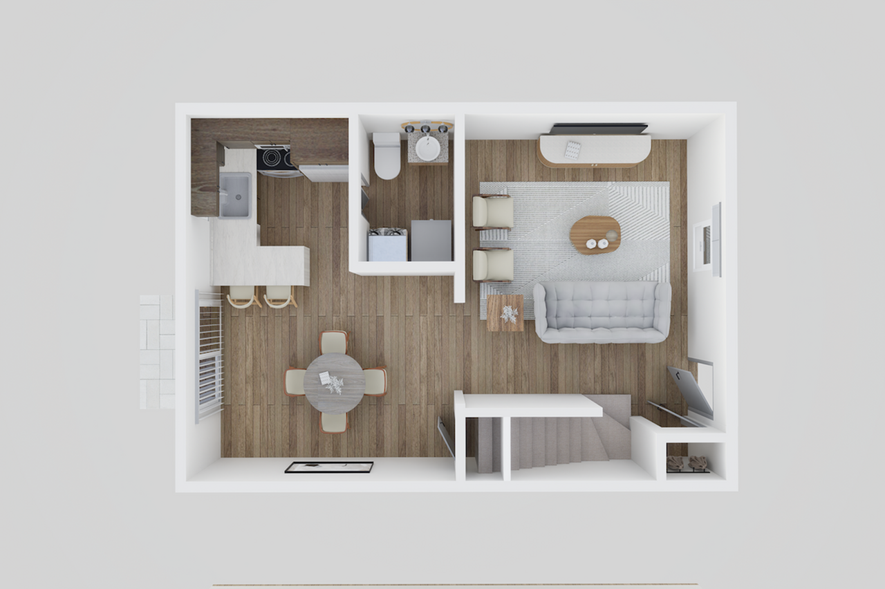 Modern 3D floor plan showcasing an open-concept kitchen and living area, complete with dining space and cozy seating arrangement.