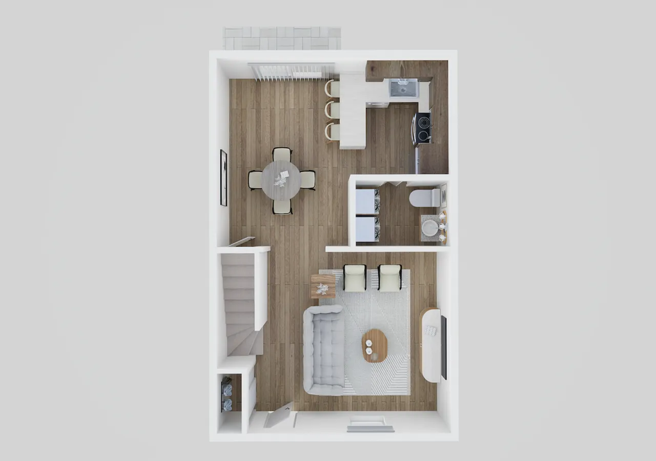 Modern 3D floor plan showcasing an open-concept living area, elegant kitchen with breakfast bar, dining space, and a compact bathroom.