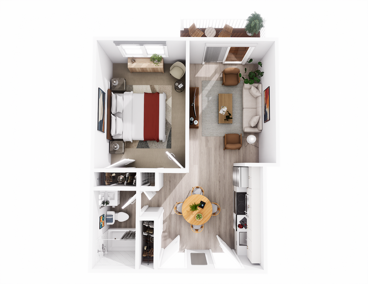 Charming one-bedroom apartment floor plan featuring a cozy living space, modern kitchen, and private balcony.