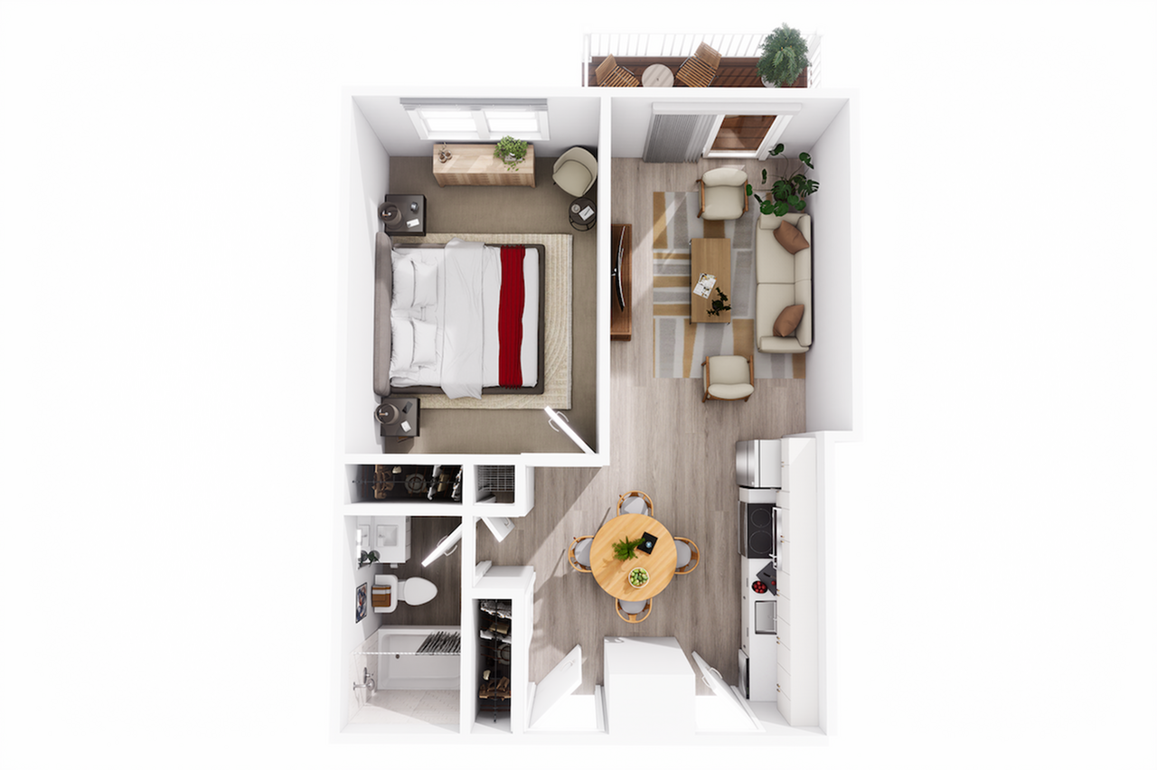 Contemporary one-bedroom apartment floor plan featuring an open living area, modern kitchen, stylish bathroom, and cozy balcony.