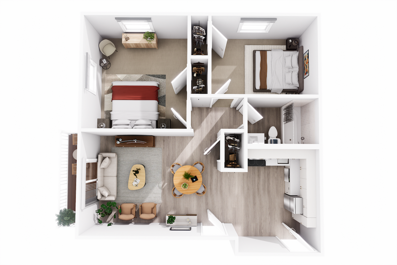 Inviting 3D floor plan showcasing a modern 2-bedroom apartment with an open-plan living area, stylish kitchen, and functional bathroom layout.