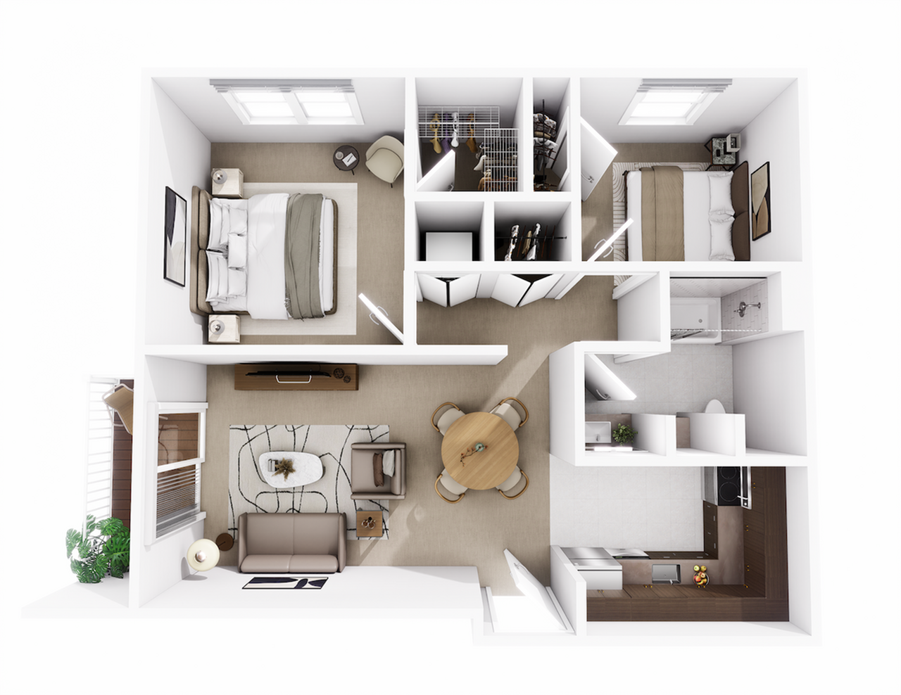 Elegant 3D floor plan showcasing a modern two-bedroom apartment with a spacious living area, stylish kitchen, and cozy dining space.