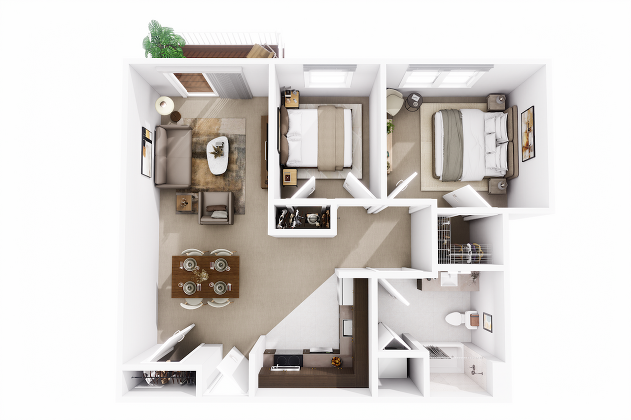 Sleek 3D floor plan showcasing a modern two-bedroom apartment with a cozy living room, elegant dining area, and a well-equipped kitchen, featuring an inviting open layout.