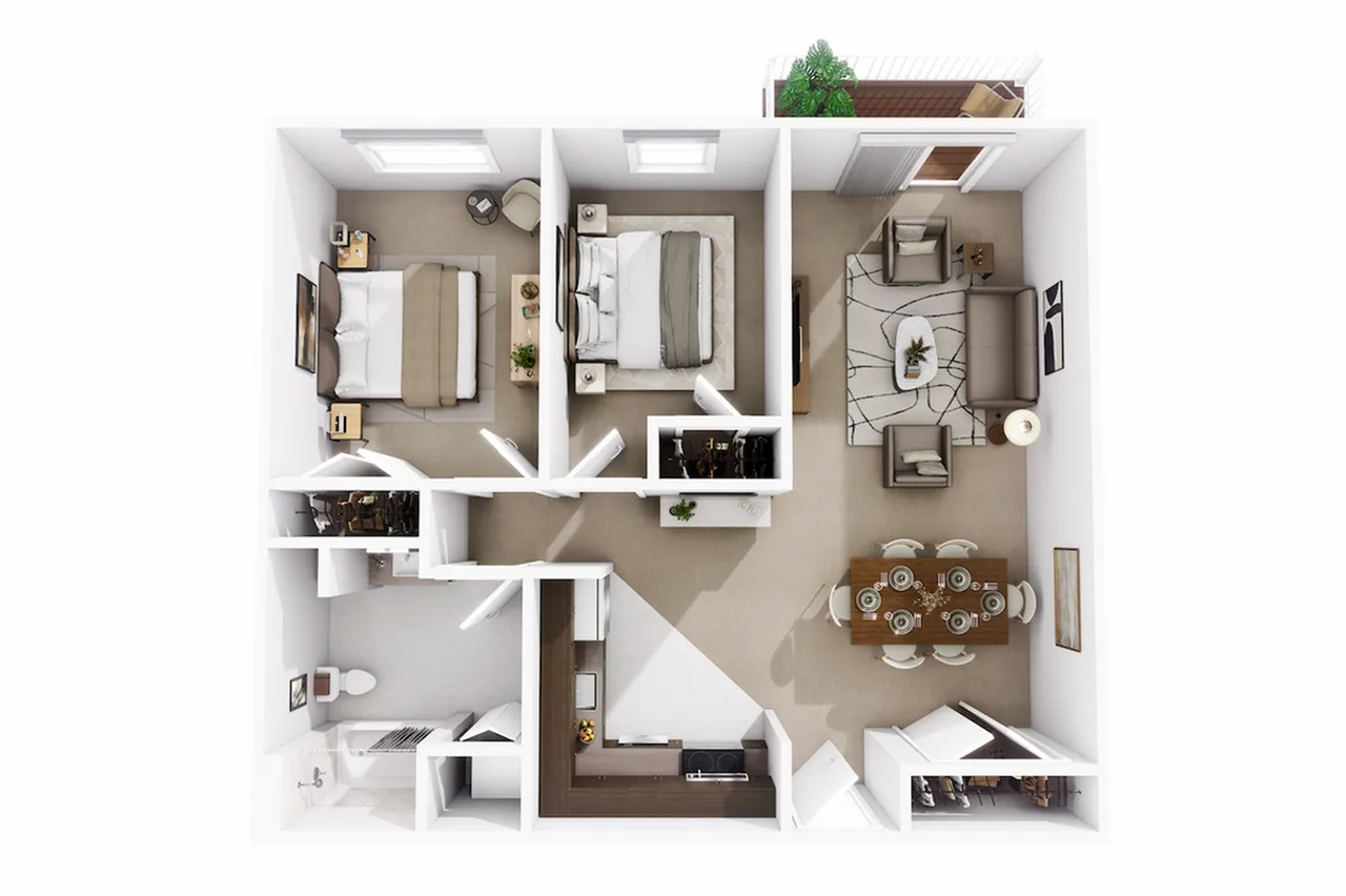 Modern floor plan showcasing an elegant 2-bedroom apartment with an open-concept living and dining area, a sleek kitchen, and a cozy balcony.