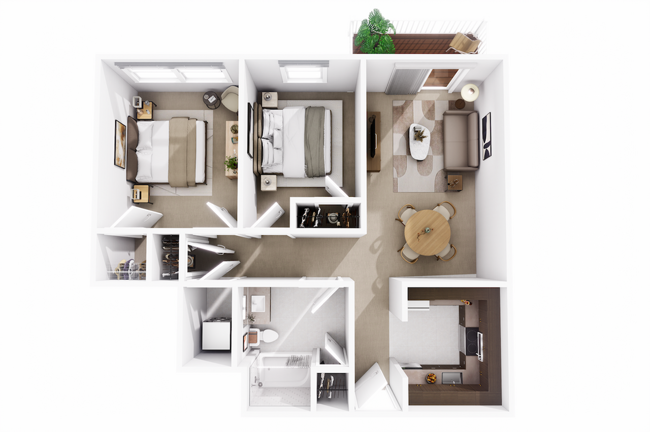 Modern 3D floor plan showcasing 2 cozy bedrooms, a stylish open-concept living and dining area, a sleek kitchen, and a private balcony.