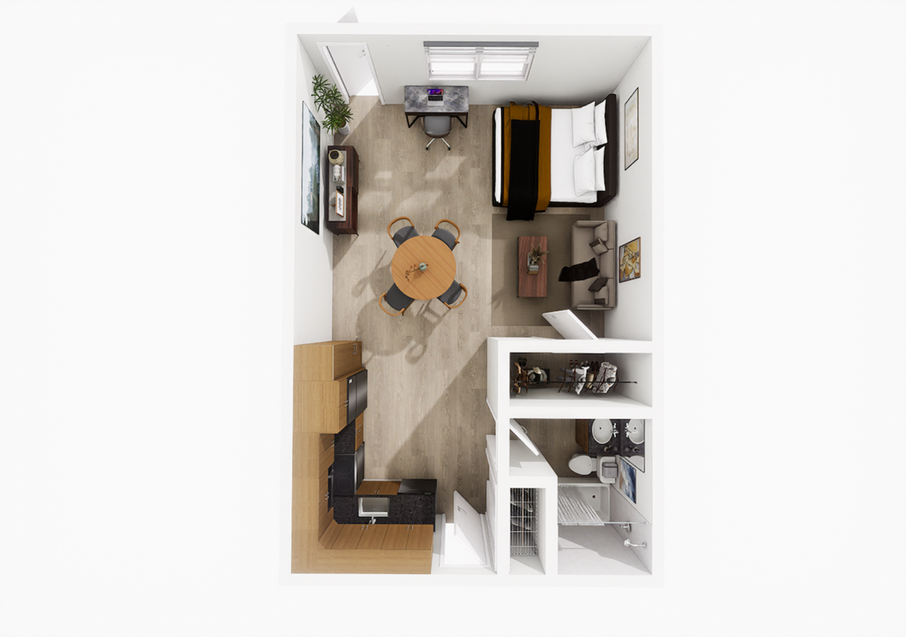 Deluxe studio apartment floor plan at Woodlands at Nashua in Nashua, NH