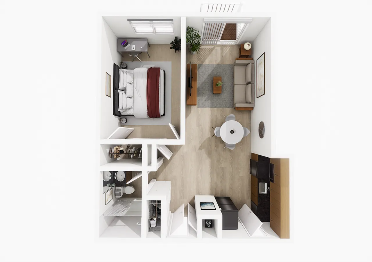 One-bedroom apartment floor plan with one bathroom at Woodlands at Nashua