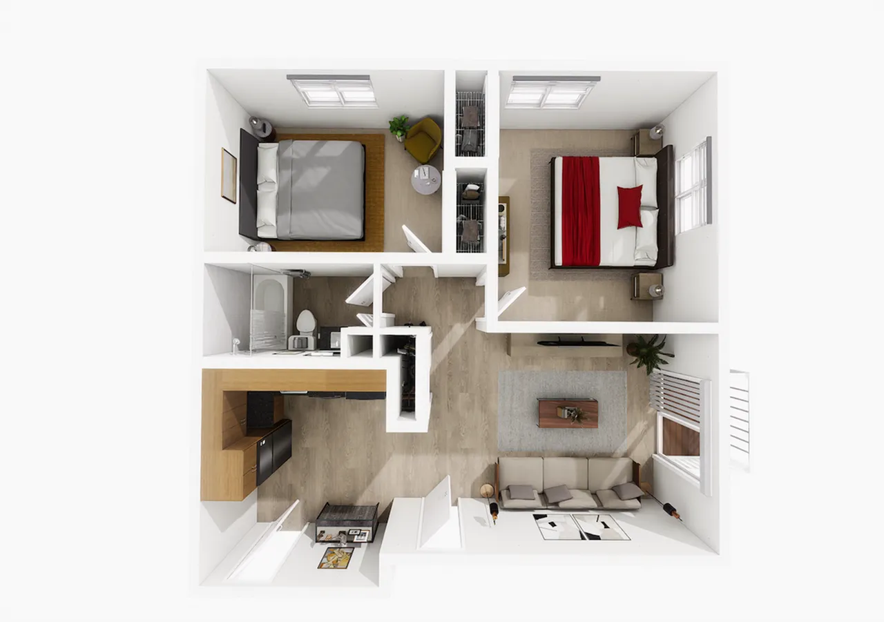 Two-bedroom apartment floor plan with one bathroom at Woodlands at Nashua
