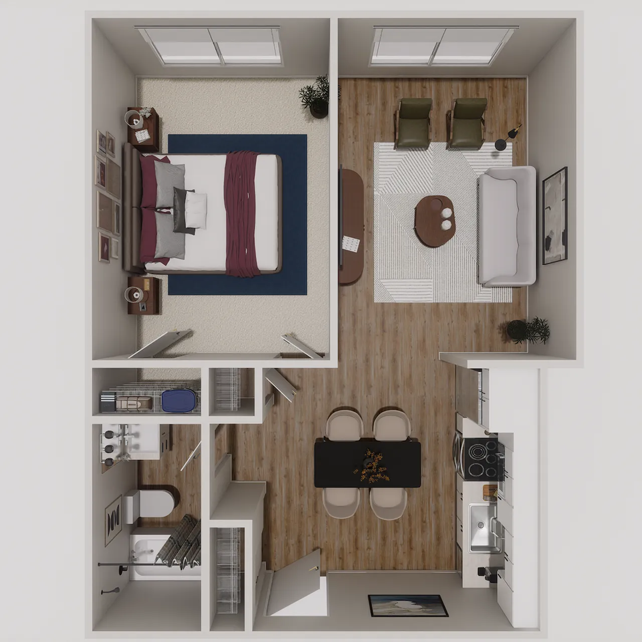 Inviting floor plan featuring a cozy bedroom, a stylish living room with seating, a modern kitchen, and a chic dining area.