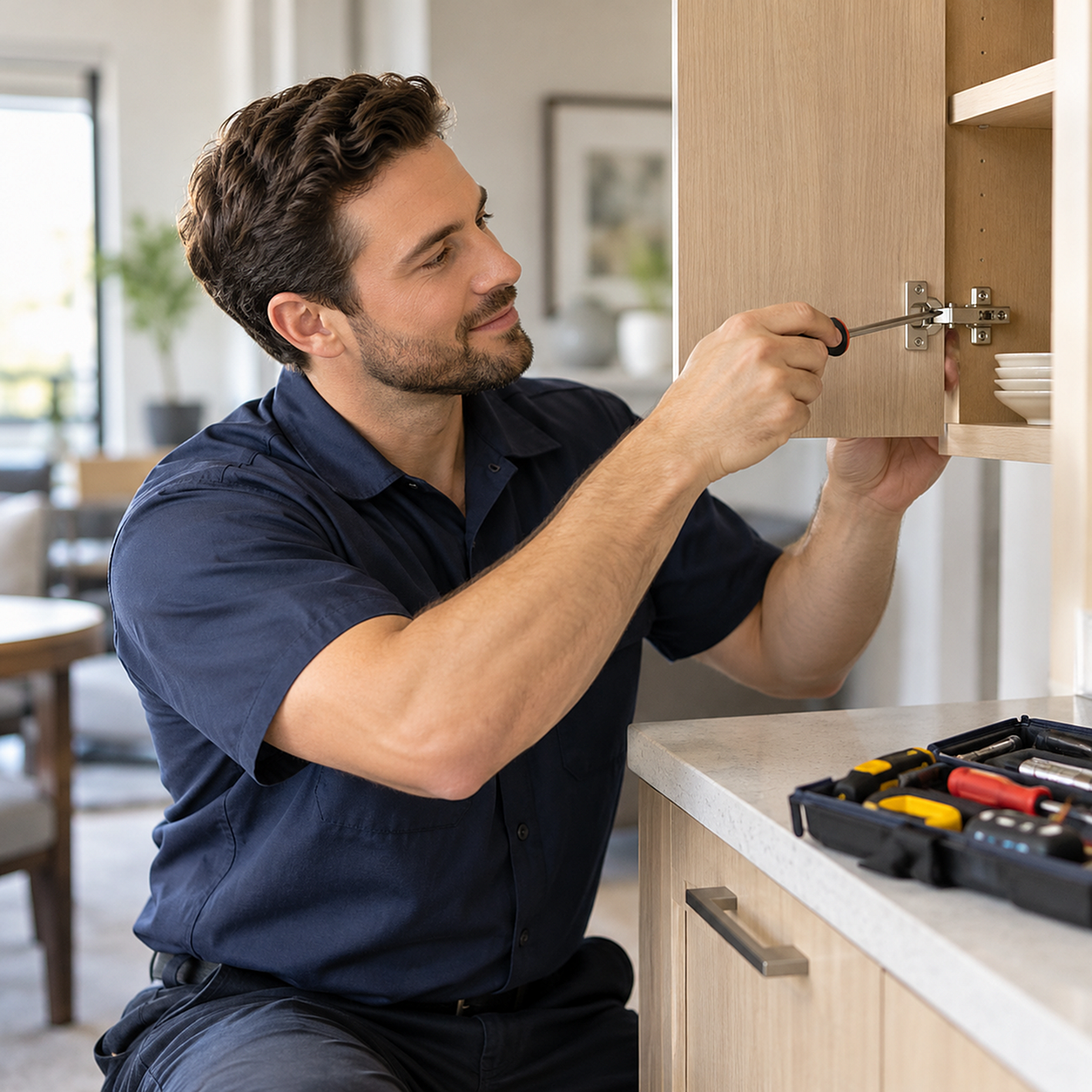 Man Repairing Kitchen Cabinet