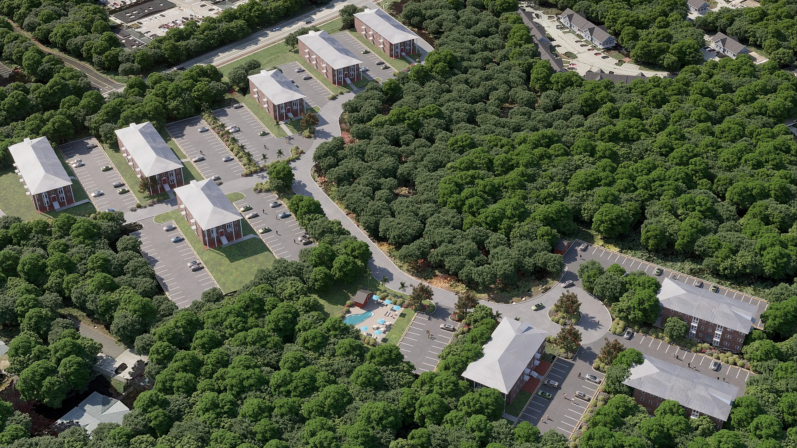 Charming aerial view of a residential apartment complex nestled in lush greenery, featuring modern buildings, ample parking, and a delightful community pool area.