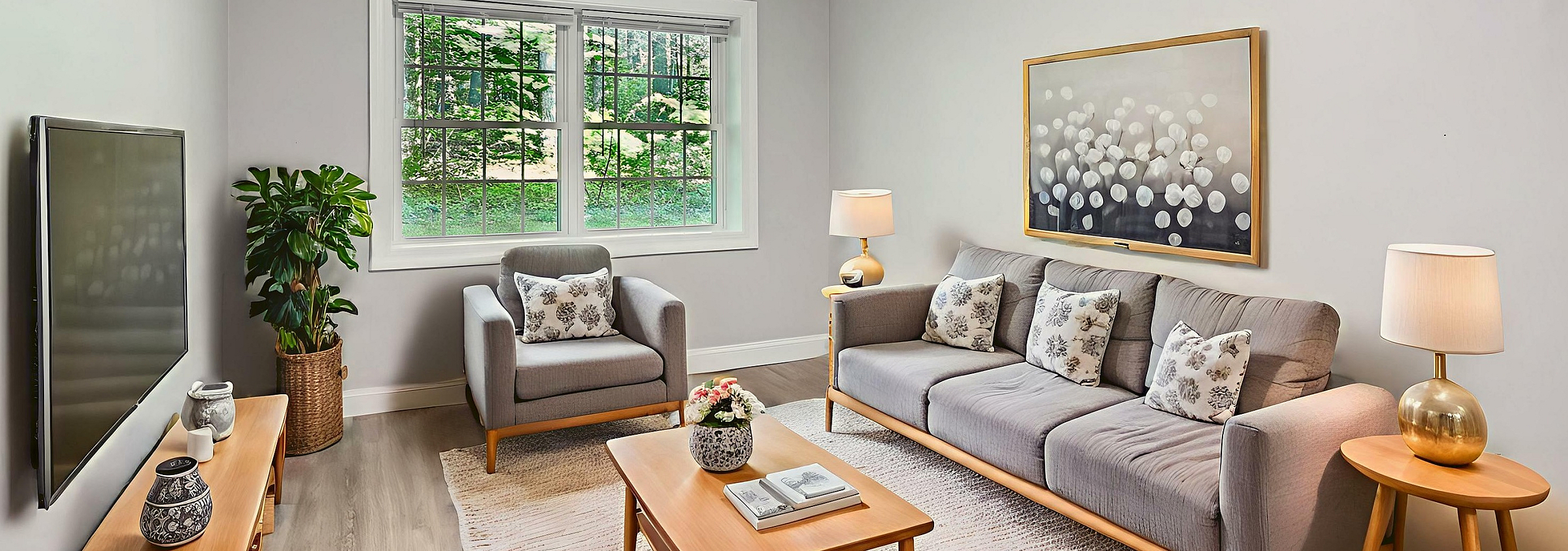 Inviting living room with large window, plush gray sofa, stylish armchair, and modern decor, perfect for a cozy and elegant living space.