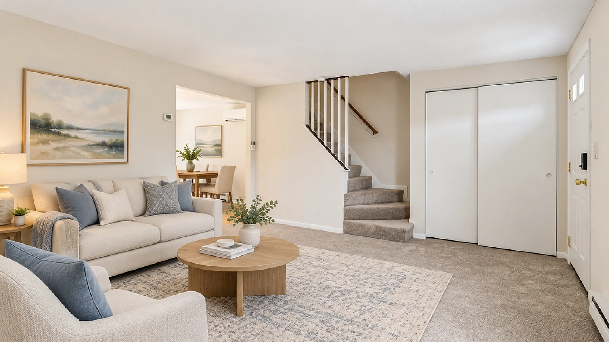 Virtually staged Meadowbrook Village townhome living room with neutral seating, a blue patterned rug, and stairs leading upstairs.