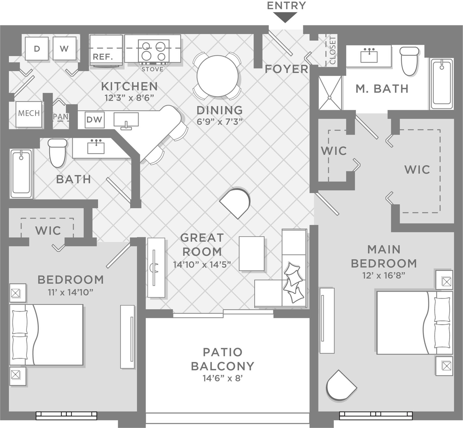 The Siena two bedroom two bathroom floor plan, 1,289 sq. ft.