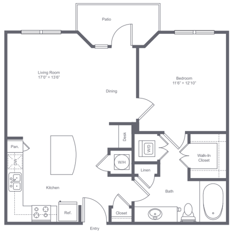1 bedroom 1 bath apartment with dining area, private patio and 736 square feet