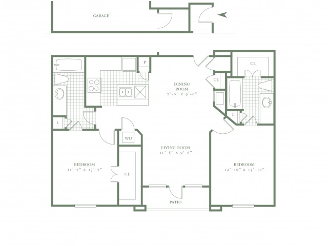 Two Bedroom/Two Bath - 1050sf