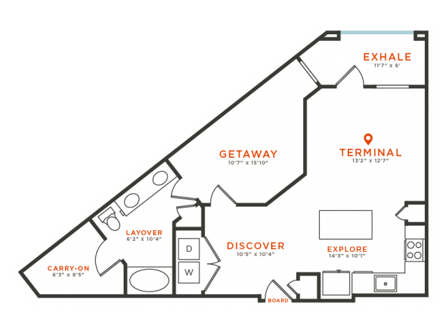 1 bedroom 1 bath with dining area, private patio, kitchen island, walk-in closet and 807 square feet