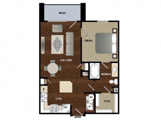 One bedroom one bath, kitchen, kitchen pantry, dinning room, living room, one closet and patio.