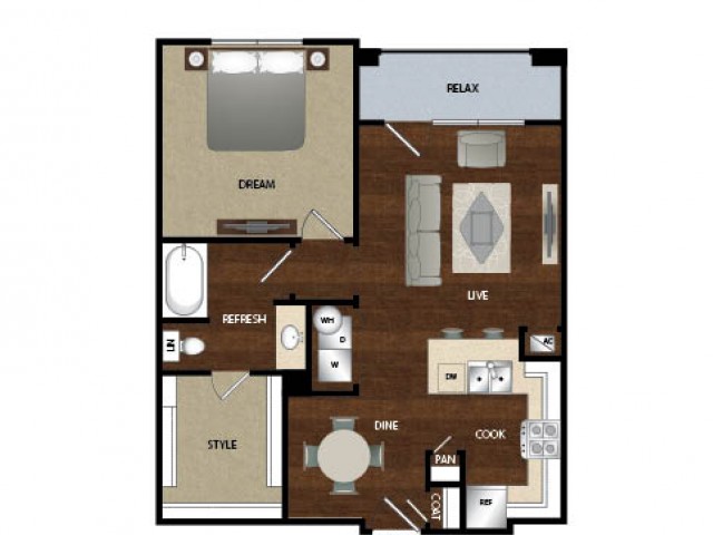 One bedroom one bath, kitchen, kitchen pantry, dinning room, living room, one closet and patio.