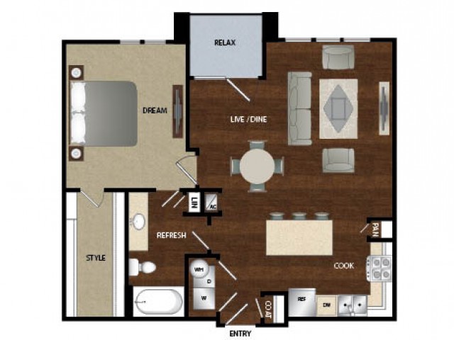 One bedroom one bath, kitchen, kitchen pantry, dinning room, living room, one closet and patio.