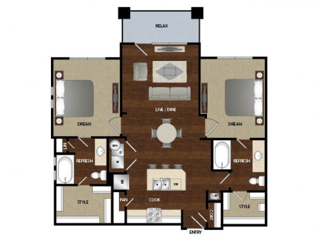 Two bedroom, two bath, kitchen , pantry, coat closet, living room, dinning room, two walk in closets, linen closet and patio.