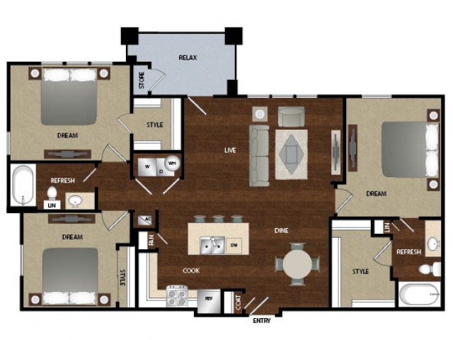 Three bedroom, two bath, Kitchen , dinning room, living room, laundry room, patio with storage, two walk in closets, one sliding closet.