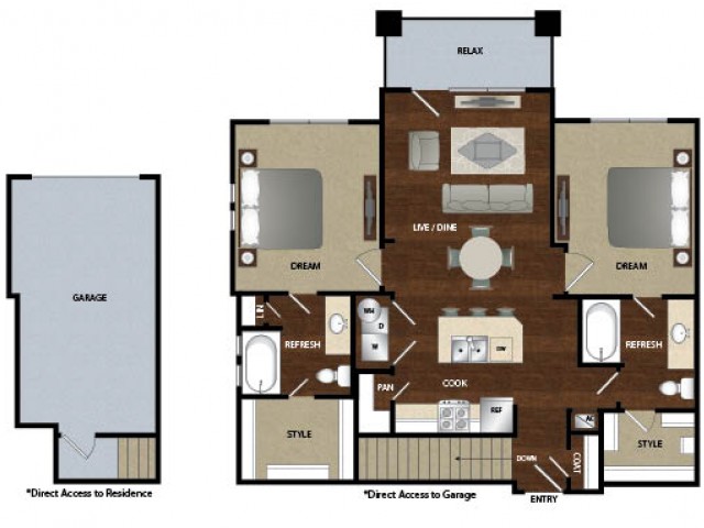 Two bedroom, two bath, kitchen , pantry, coat closet, living room, dinning room, two walk in closets, linen closet and patio with attached garage.