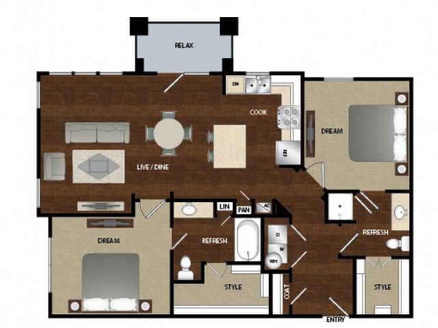 Two bedroom, two bath, kitchen , pantry, coat closet, living room, dinning room, two walk in closets, linen closet and patio.