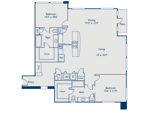 B5 two bed, two bath with dining room, open concept kitchen with island, large closets and patio