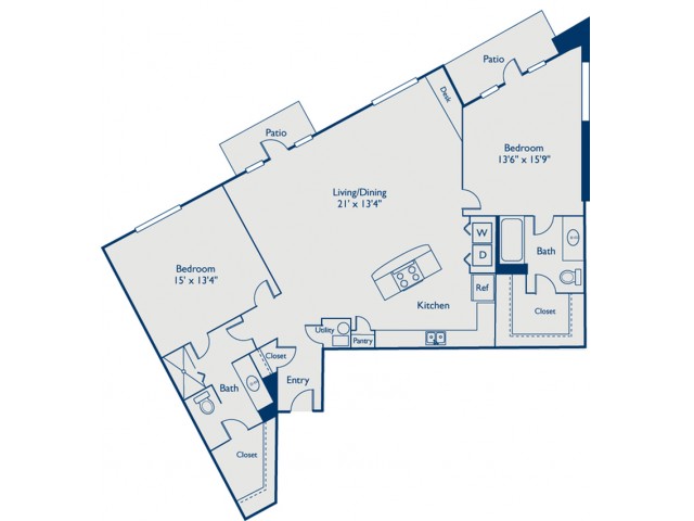B4 two bed, two bath with large closets, open concept kitchen with island and two patios