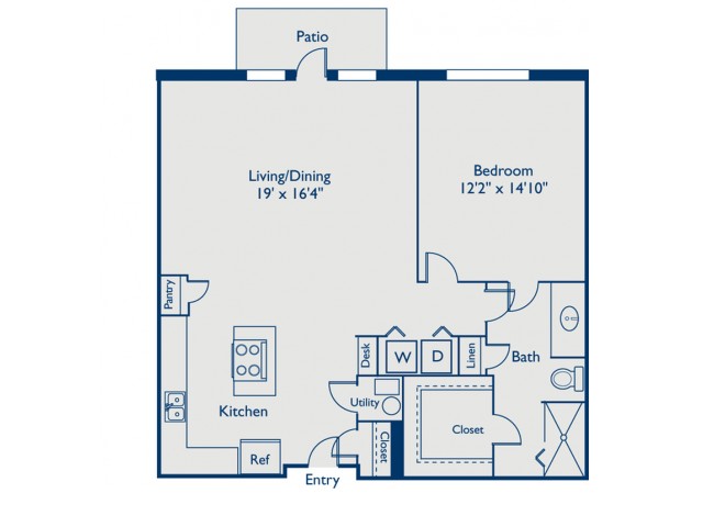A4 one bed, one bath with open concept kitchen, island, large closet and patio