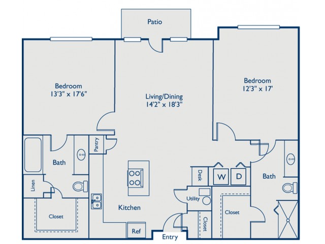 B1 two bed, two bath with large kitchen, island and patio