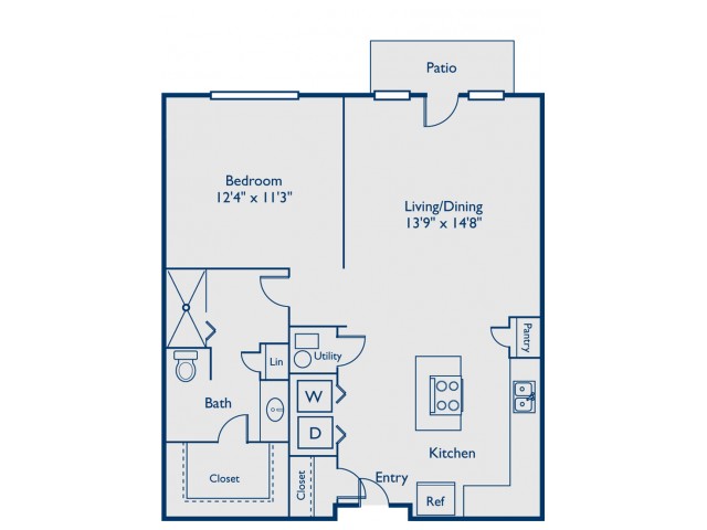 A1 one bed, one bath with open concept kitchen, island and patio