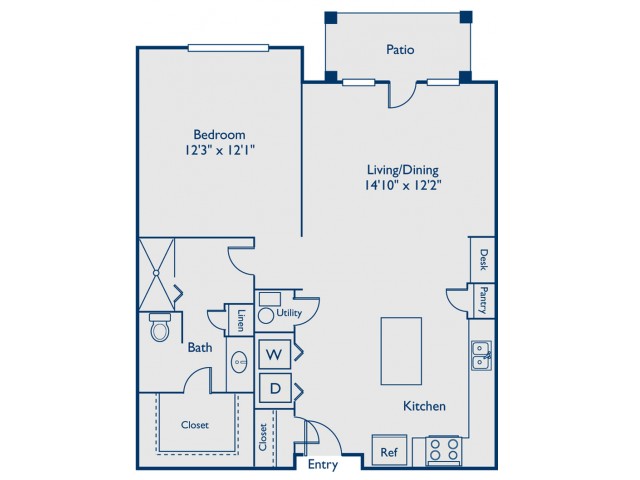 A2 one bed, one bath with open concept kitchen, island, large closet and patio