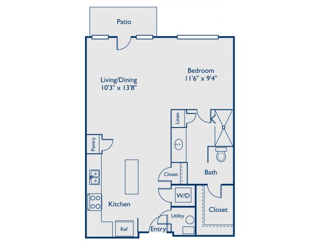 S1 studio with one bath, kitchen island, and patio