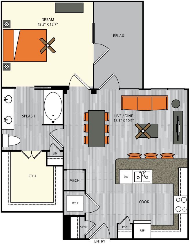 1 bedroom 1 bath apartment with dining area, walk in closet and 807 sq ft