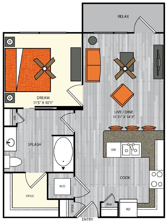 1 bedroom 1 bath apartment with dining area, walk in closet and 686 sq ft