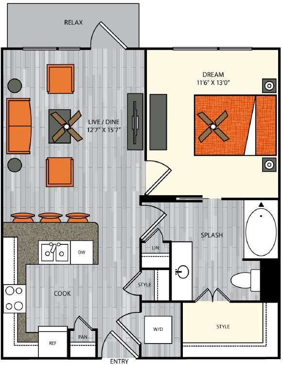 1 bedroom 1 bath apartment with dining area, walk in closet and 705 sq ft