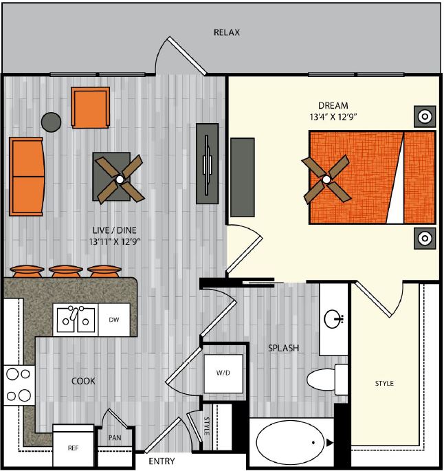 1 bedroom 1 bath apartment with dining area, walk in closet and 706 sq ft