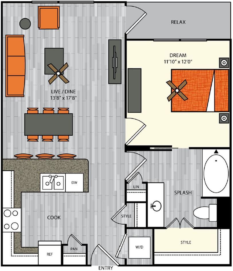 1 bedroom 1 bath apartment with dining area, walk in closet and 762 sq ft