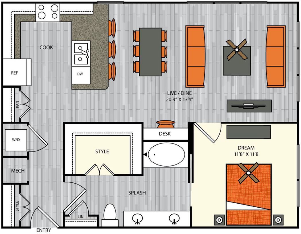 1 bedroom 1 bath apartment with dining area, built in desk, walk in closet and 889 sq ft