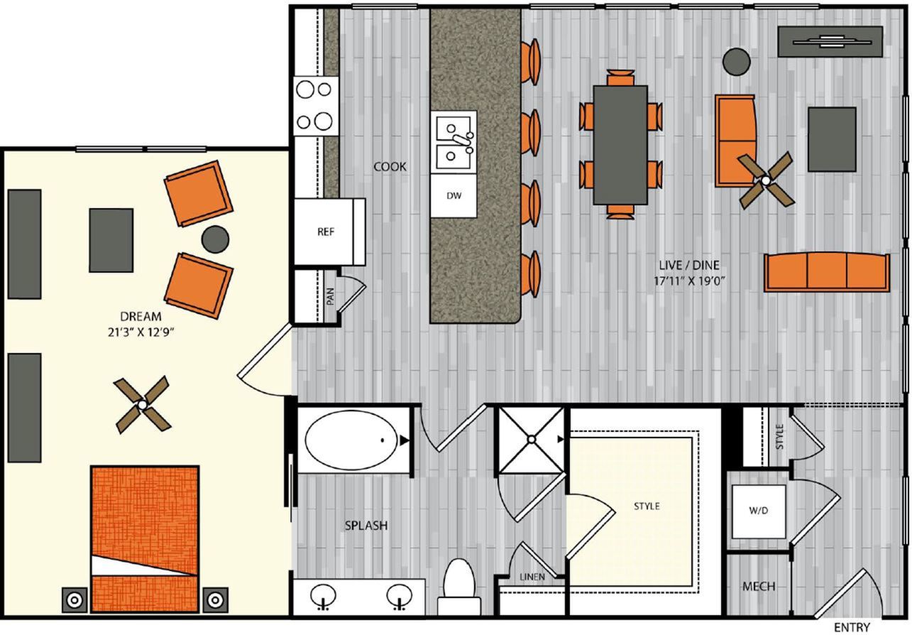 1 bedroom 1 bath apartment with dining area walk in closet and 1116 sq ft