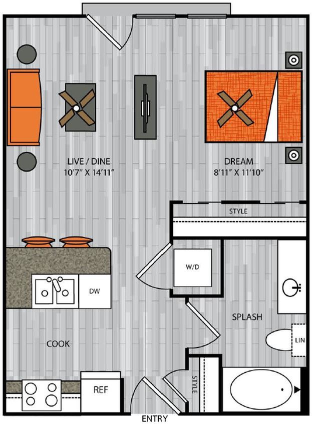 Studio apartment with combination living/dining area and 540 sq ft