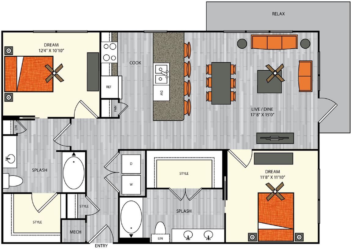 2 bedroom 2 bath apartment with dining area, kitchen island, walk in closets and 1158 sq ft