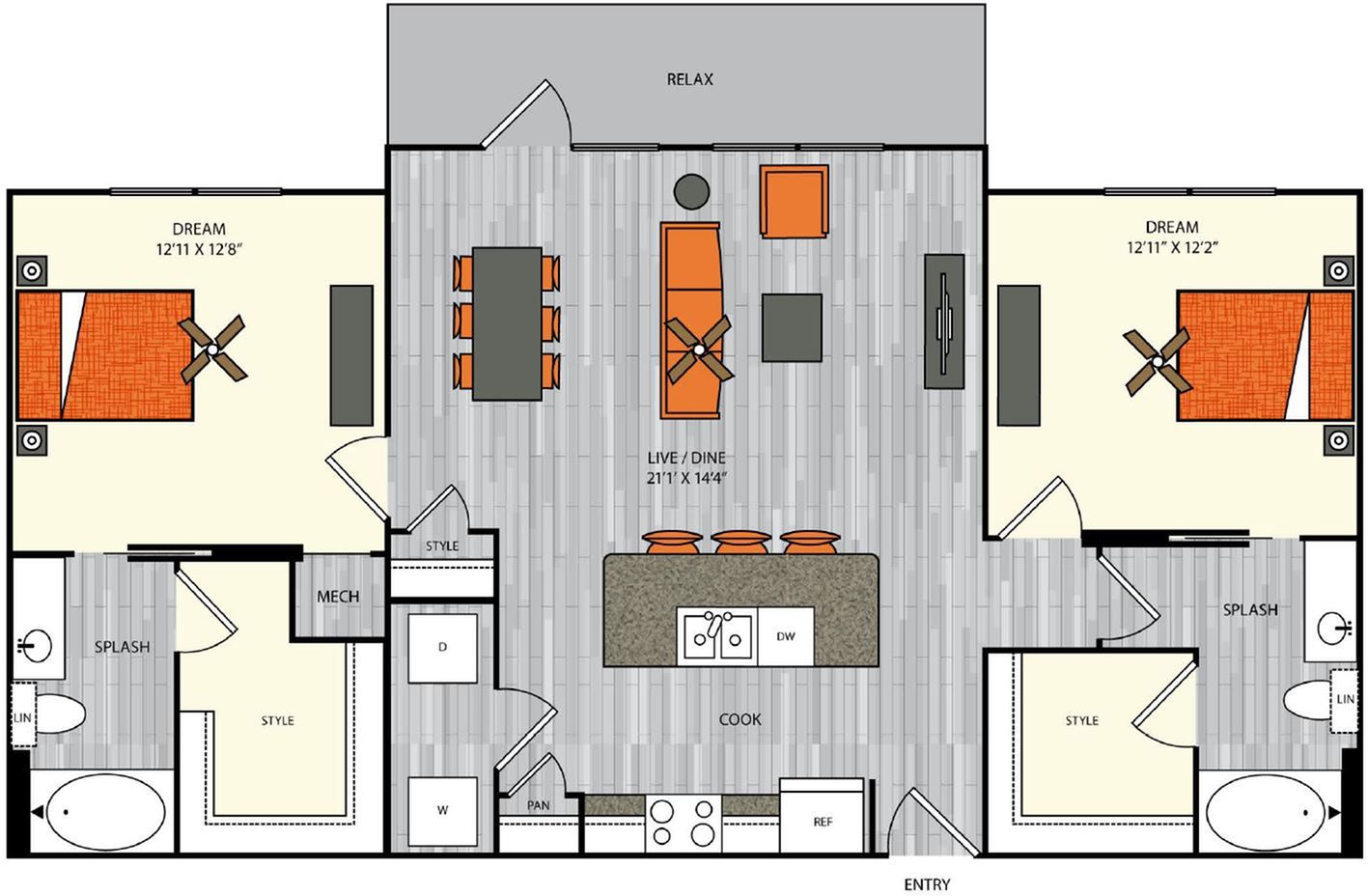 2 bedroom 2 bath apartment with dining area, kitchen island, walk in closets and 1213 sq ft
