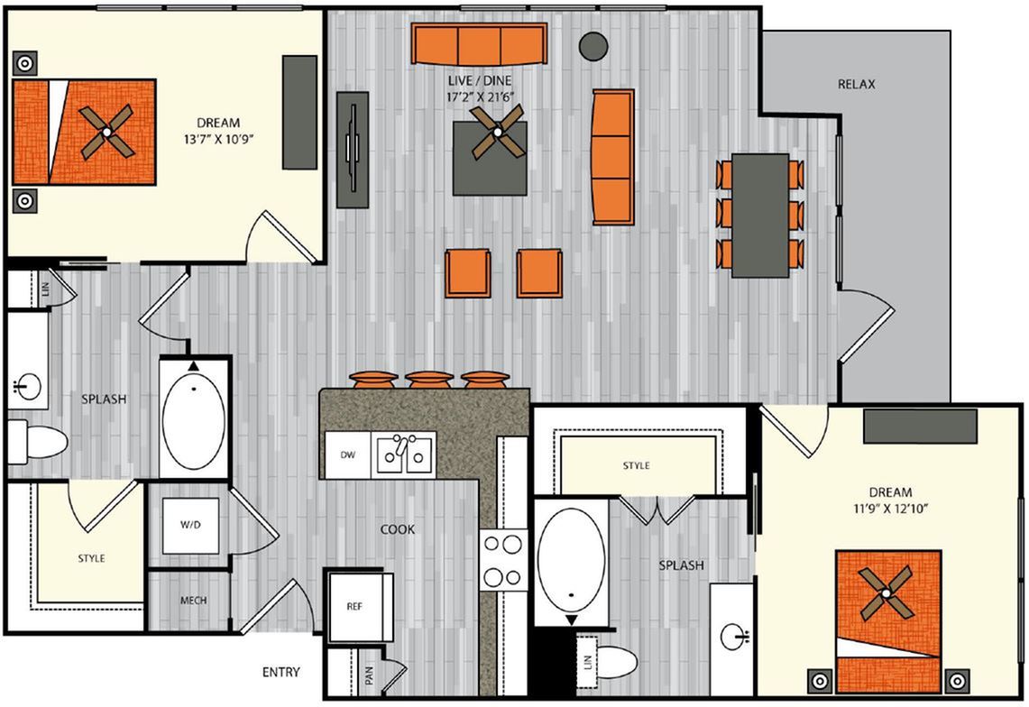 2 bedroom 2 bath apartment with dining are, walk in closets and 1199 sq ft