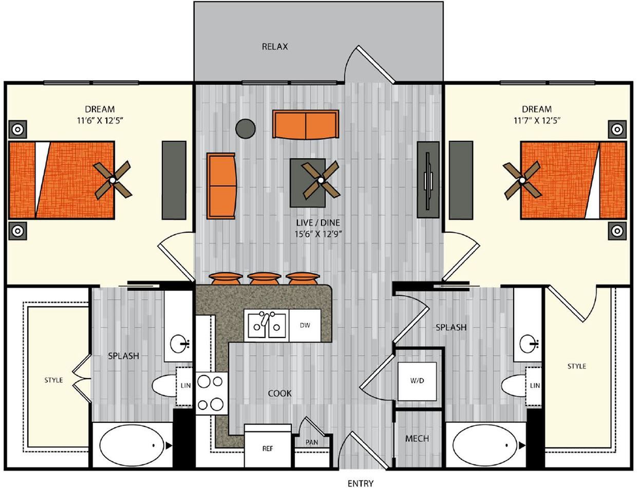 2 bedroom 2 bath apartment with dining area, walk in closets and 1006 sq ft