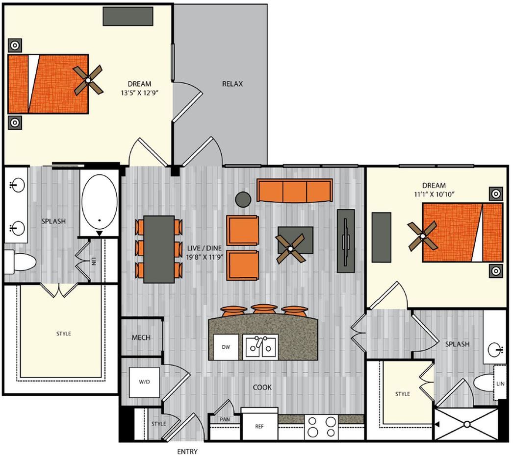 2 bedroom 2 bath apartment with dining area, kitchen island, walk in closets and 1092 sq ft