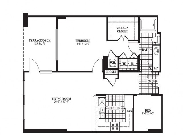One bedroom one bath, one den, kitchen, kitchen pantry, living room, laundry room, one closet and patio.
